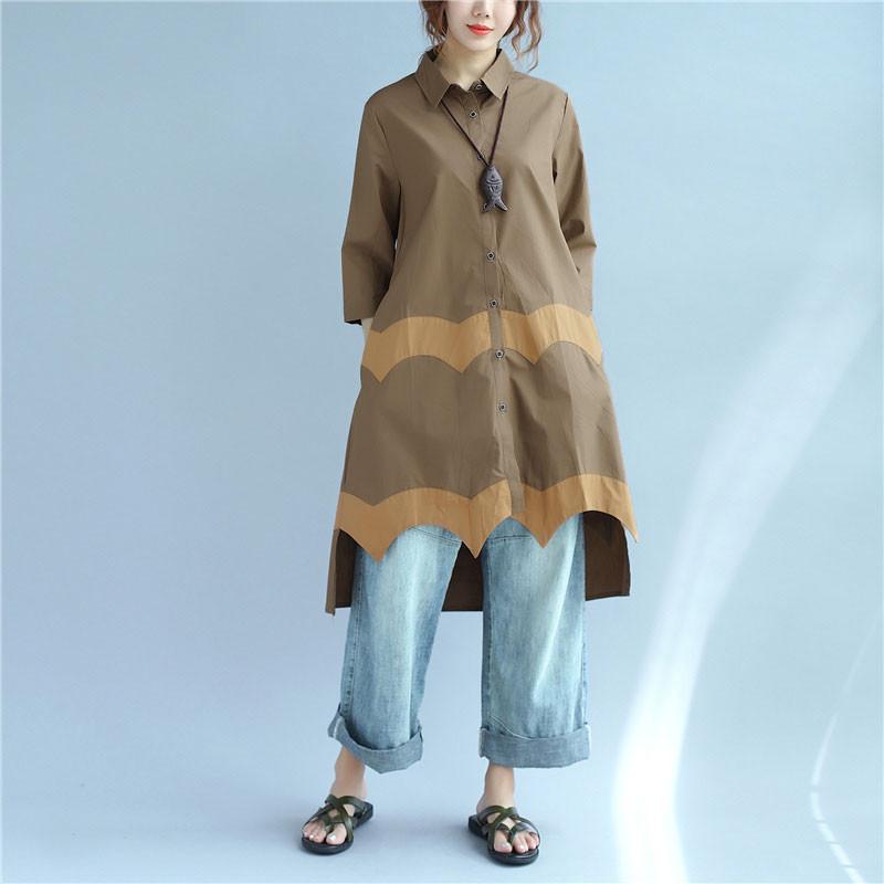 Women Vintage Casual Splicing Summer Irregular Coffee Shirt