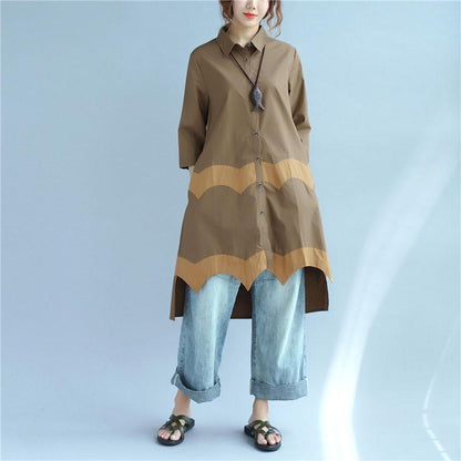 Women Vintage Casual Splicing Summer Irregular Coffee Shirt