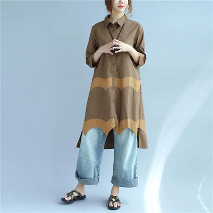 Women Vintage Casual Splicing Summer Irregular Coffee Shirt