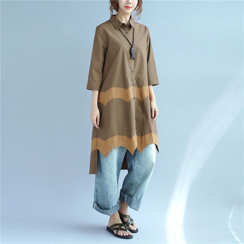 Women Vintage Casual Splicing Summer Irregular Coffee Shirt