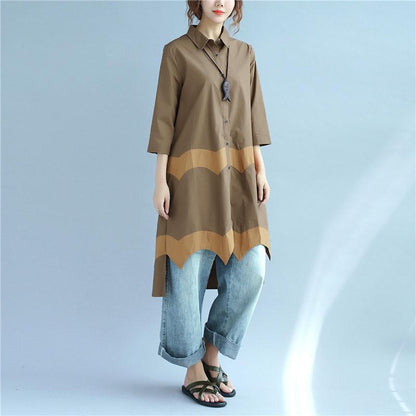 Women Vintage Casual Splicing Summer Irregular Coffee Shirt