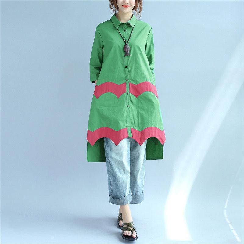 Women Vintage Casual Splicing Summer Irregular Green Shirt