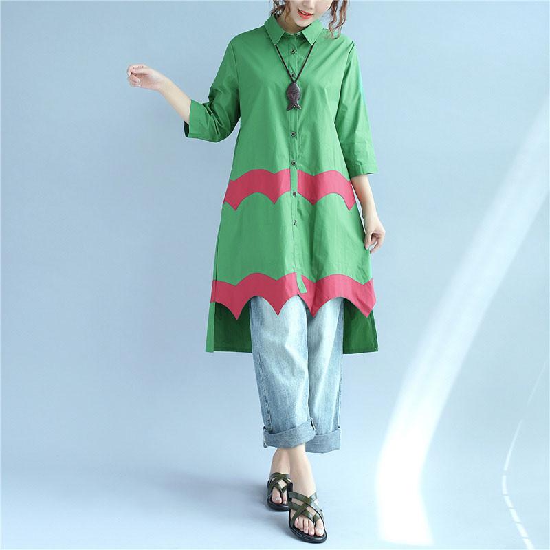Women Vintage Casual Splicing Summer Irregular Green Shirt