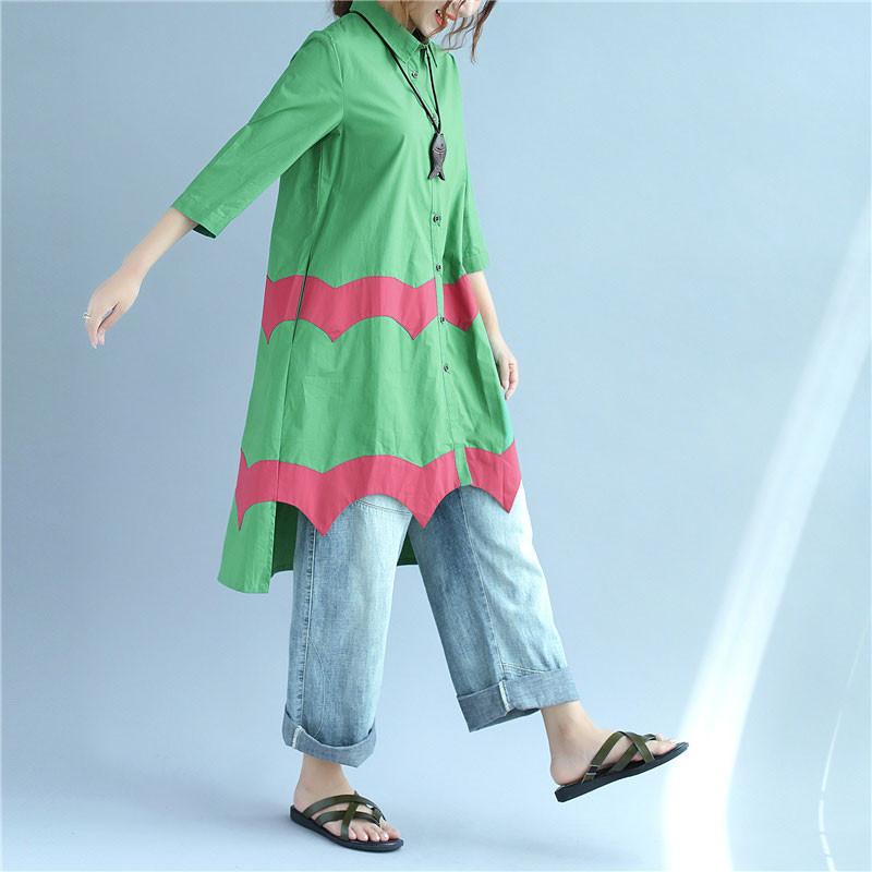 Women Vintage Casual Splicing Summer Irregular Green Shirt