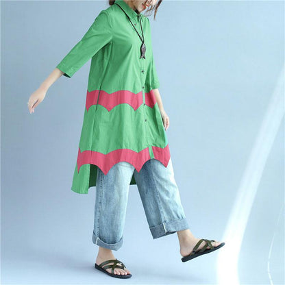 Women Vintage Casual Splicing Summer Irregular Green Shirt