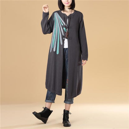 Women Patchwork Printing Cardigan Knitted Sweater Coat