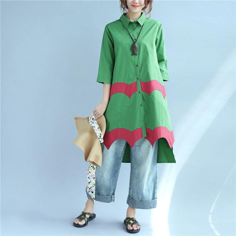 Women Vintage Casual Splicing Summer Irregular Green Shirt