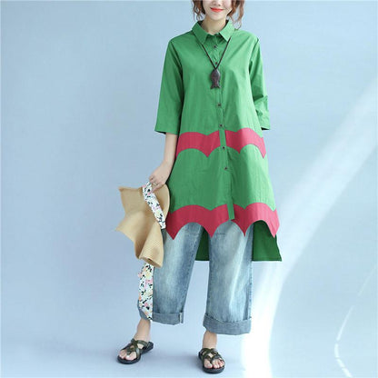 Women Vintage Casual Splicing Summer Irregular Green Shirt