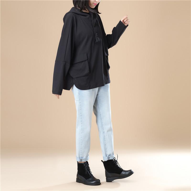 Leisure Women Autumn Long Sleeves Black Hoodie Shirt