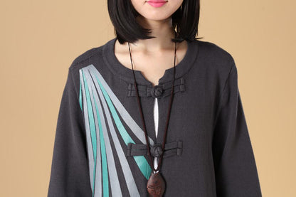 Women Patchwork Printing Cardigan Knitted Sweater Coat