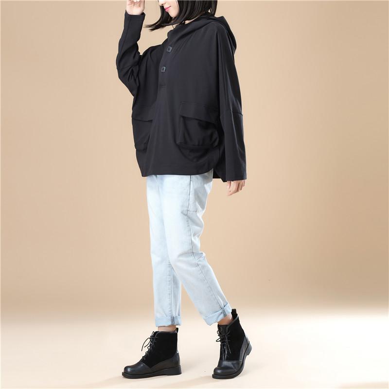 Leisure Women Autumn Long Sleeves Black Hoodie Shirt