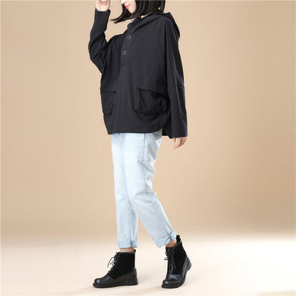Leisure Women Autumn Long Sleeves Black Hoodie Shirt