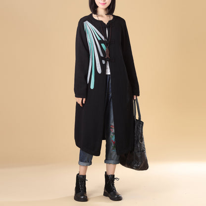 Women Patchwork Printing Cardigan Knitted Sweater Coat