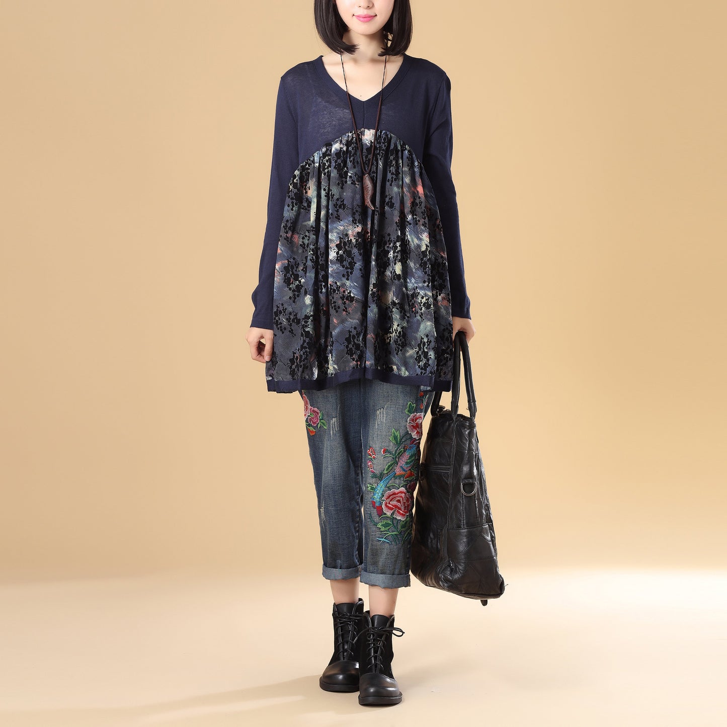 Women Autumn V Neck Long Sleeve Splicing Printing Sweater Dress