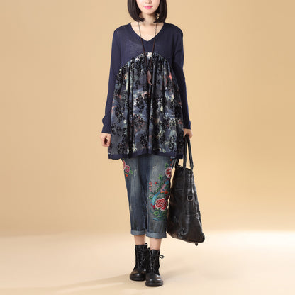 Women Autumn V Neck Long Sleeve Splicing Printing Sweater Dress