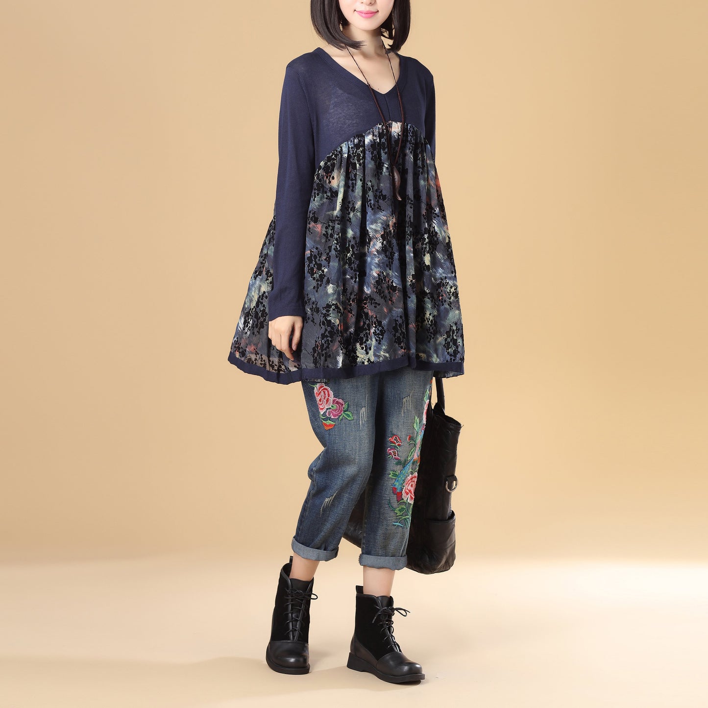 Women Autumn V Neck Long Sleeve Splicing Printing Sweater Dress