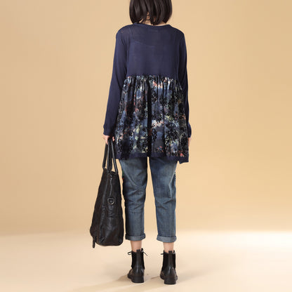 Women Autumn V Neck Long Sleeve Splicing Printing Sweater Dress