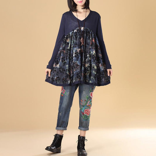 Women Autumn V Neck Long Sleeve Splicing Printing Sweater Dress