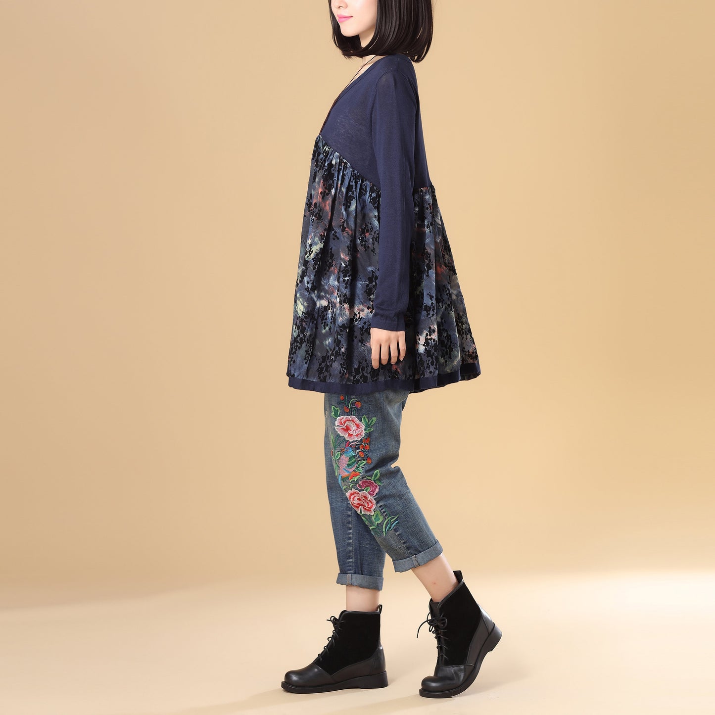 Women Autumn V Neck Long Sleeve Splicing Printing Sweater Dress