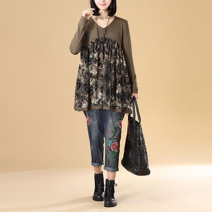 Women Autumn V Neck Long Sleeve Splicing Printing Coffee Sweater Dress