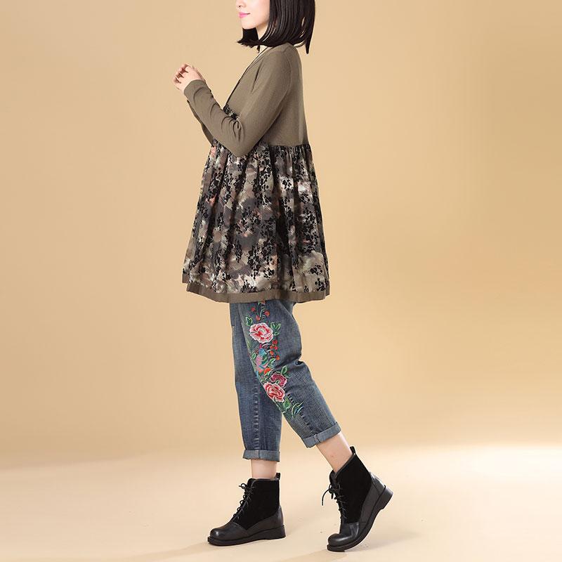 Women Autumn V Neck Long Sleeve Splicing Printing Coffee Sweater Dress