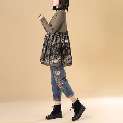 Women Autumn V Neck Long Sleeve Splicing Printing Coffee Sweater Dress