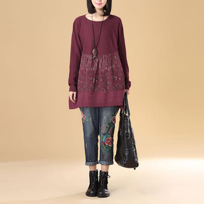 Women Round Neck Long Sleeve Splicing Printing Wine Red Sweater Dress