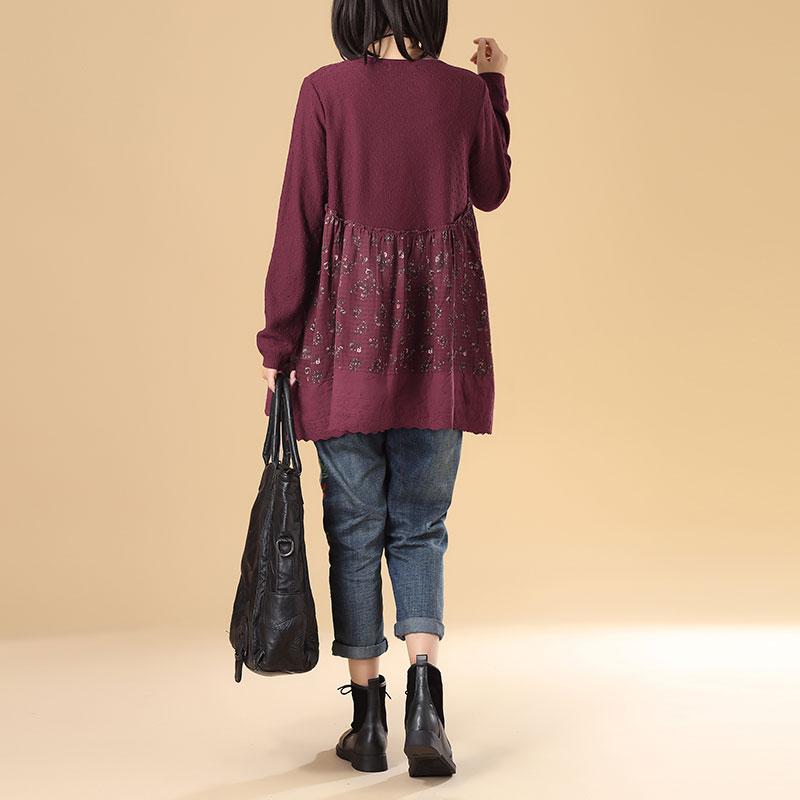 Women Round Neck Long Sleeve Splicing Printing Wine Red Sweater Dress