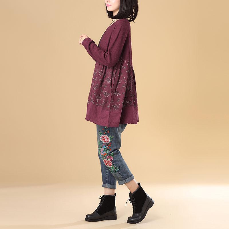 Women Round Neck Long Sleeve Splicing Printing Wine Red Sweater Dress