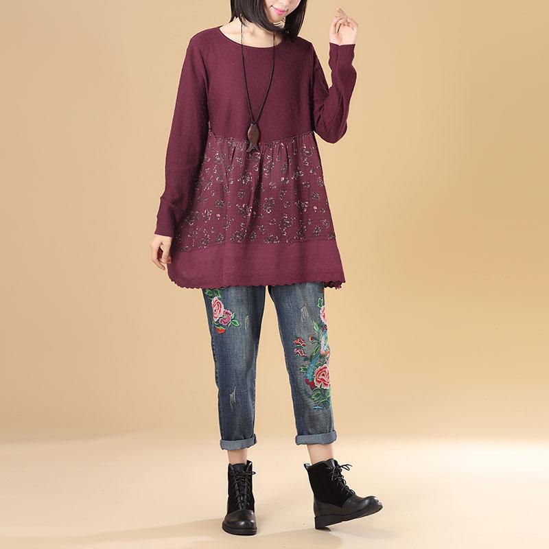 Women Round Neck Long Sleeve Splicing Printing Wine Red Sweater Dress