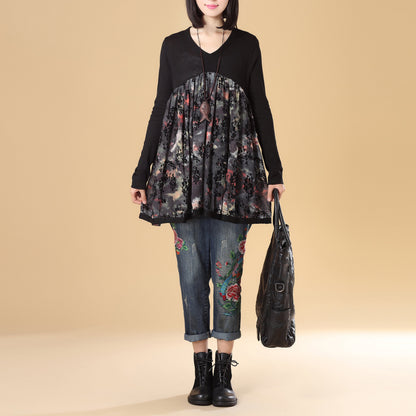 Women Autumn V Neck Long Sleeve Splicing Printing Black Sweater Dress