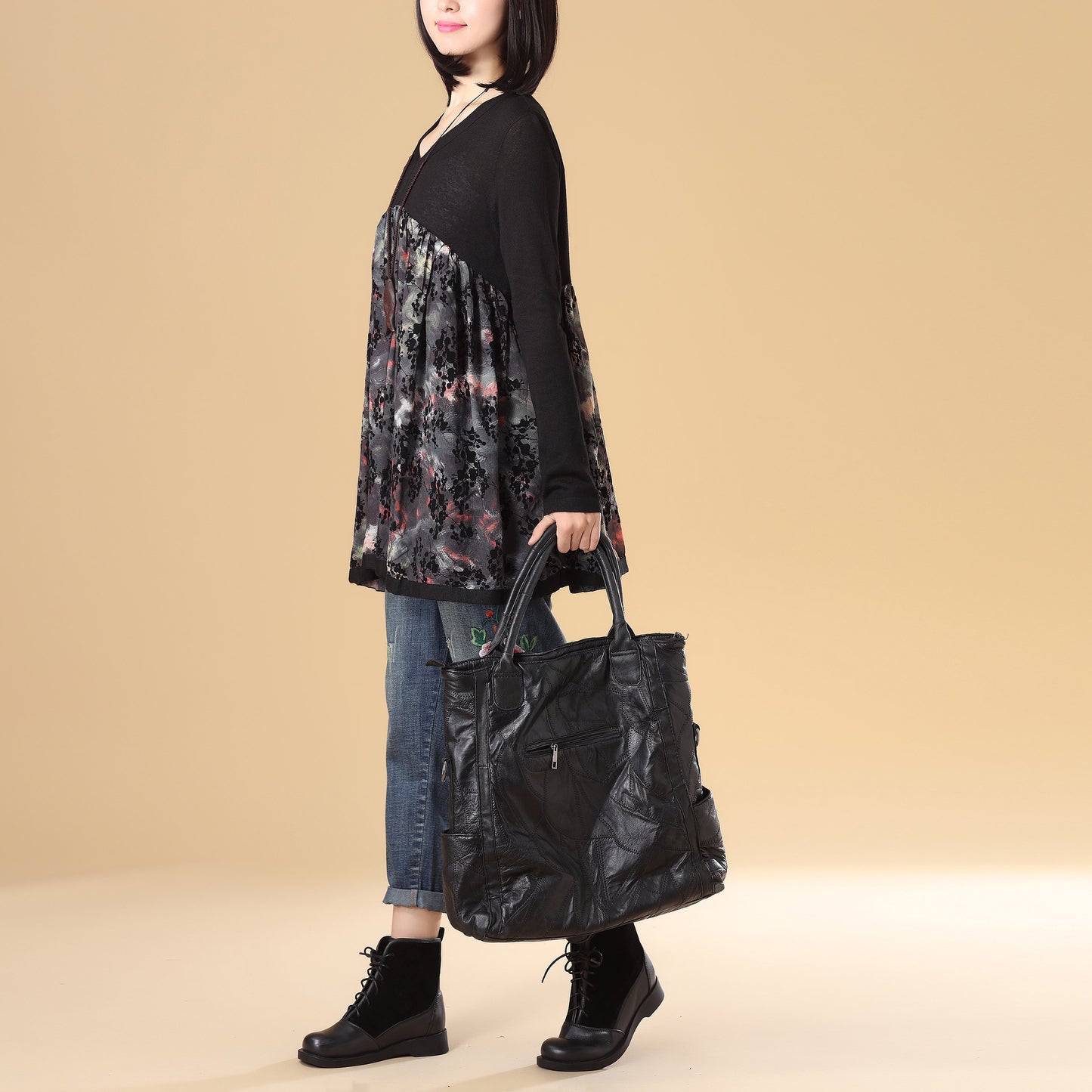 Women Autumn V Neck Long Sleeve Splicing Printing Black Sweater Dress