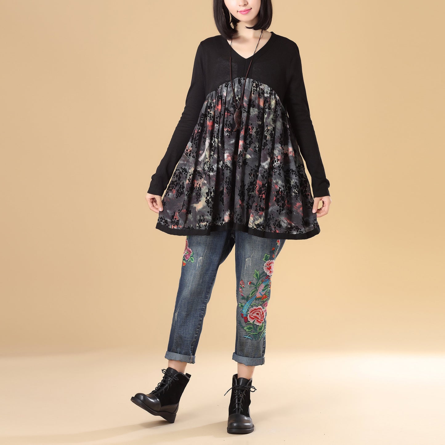 Women Autumn V Neck Long Sleeve Splicing Printing Black Sweater Dress