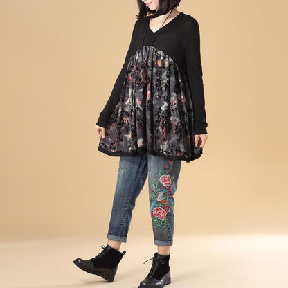 Women Autumn V Neck Long Sleeve Splicing Printing Black Sweater Dress