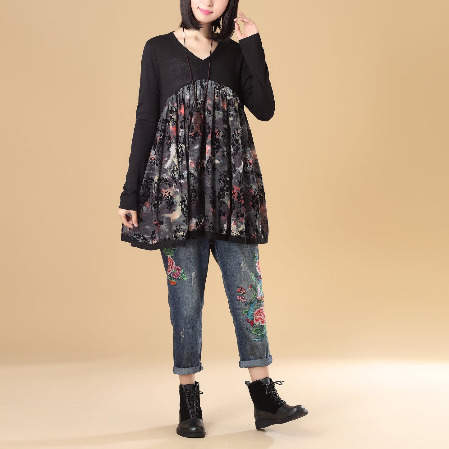 Women Autumn V Neck Long Sleeve Splicing Printing Black Sweater Dress