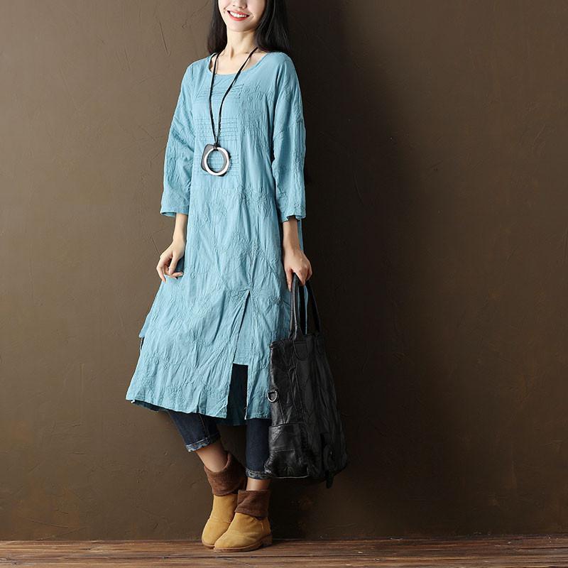 Embroidered Cotton Women Casual Blue Dress