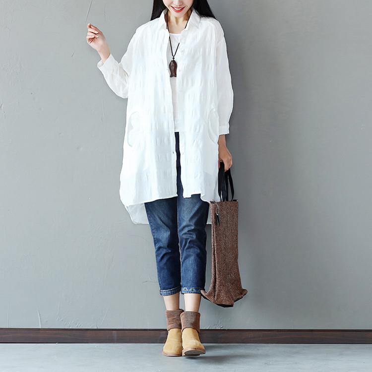 Spring Women Cotton Linen Loose White Shirt
