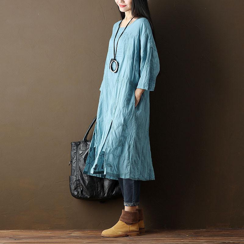 Embroidered Cotton Women Casual Blue Dress