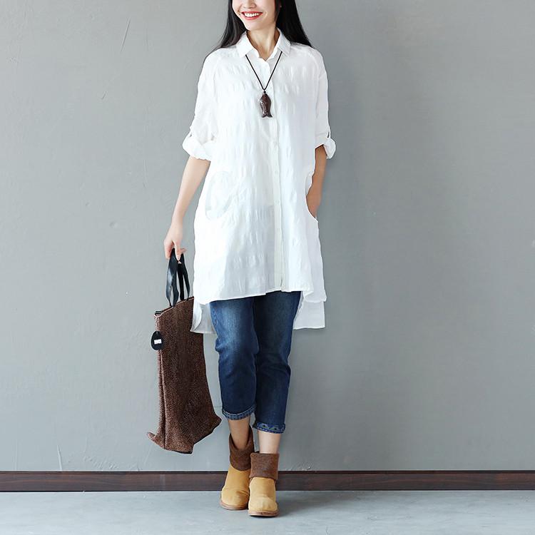 Spring Women Cotton Linen Loose White Shirt