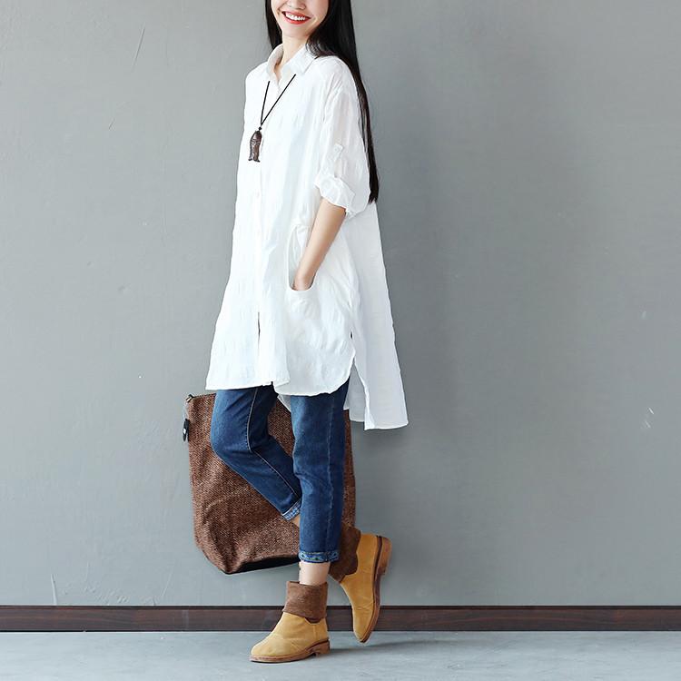 Spring Women Cotton Linen Loose White Shirt