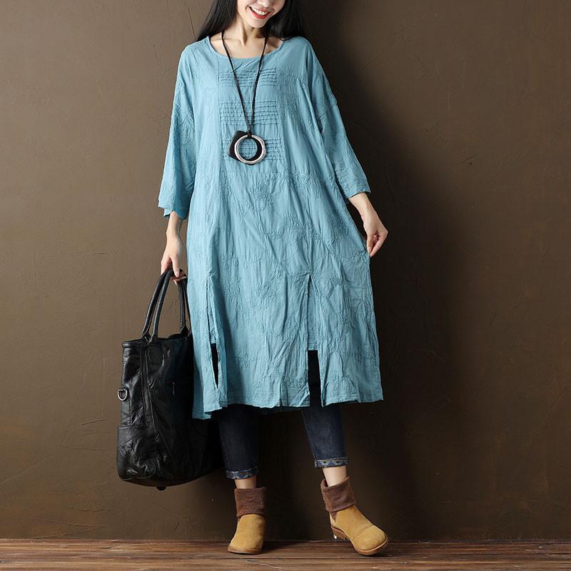 Embroidered Cotton Women Casual Blue Dress