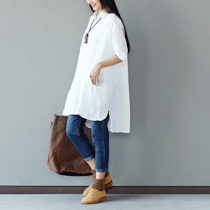 Spring Women Cotton Linen Loose White Shirt