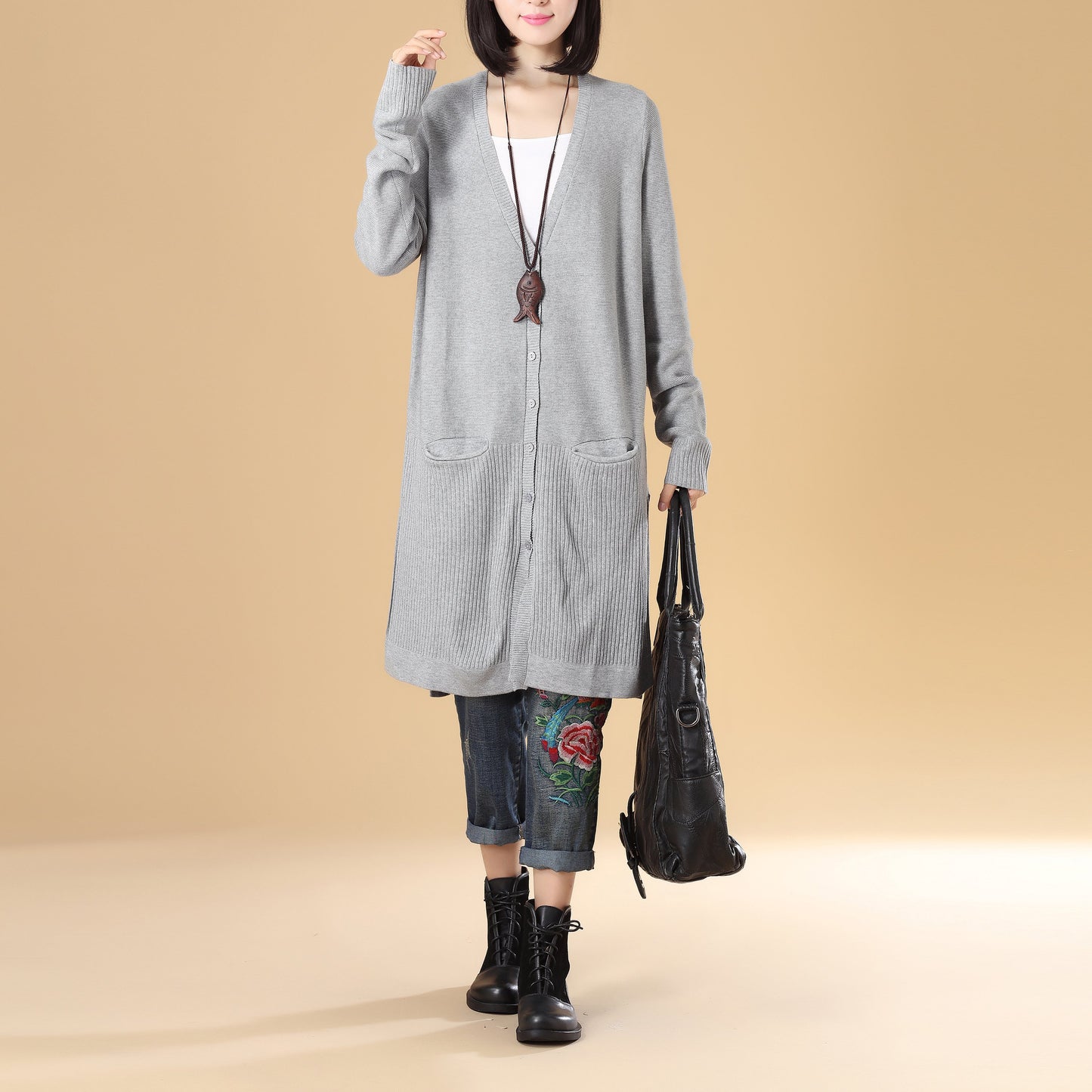 Stylish Women Single Breasted Long Sleeve Slitting Gray Knitted Sweater