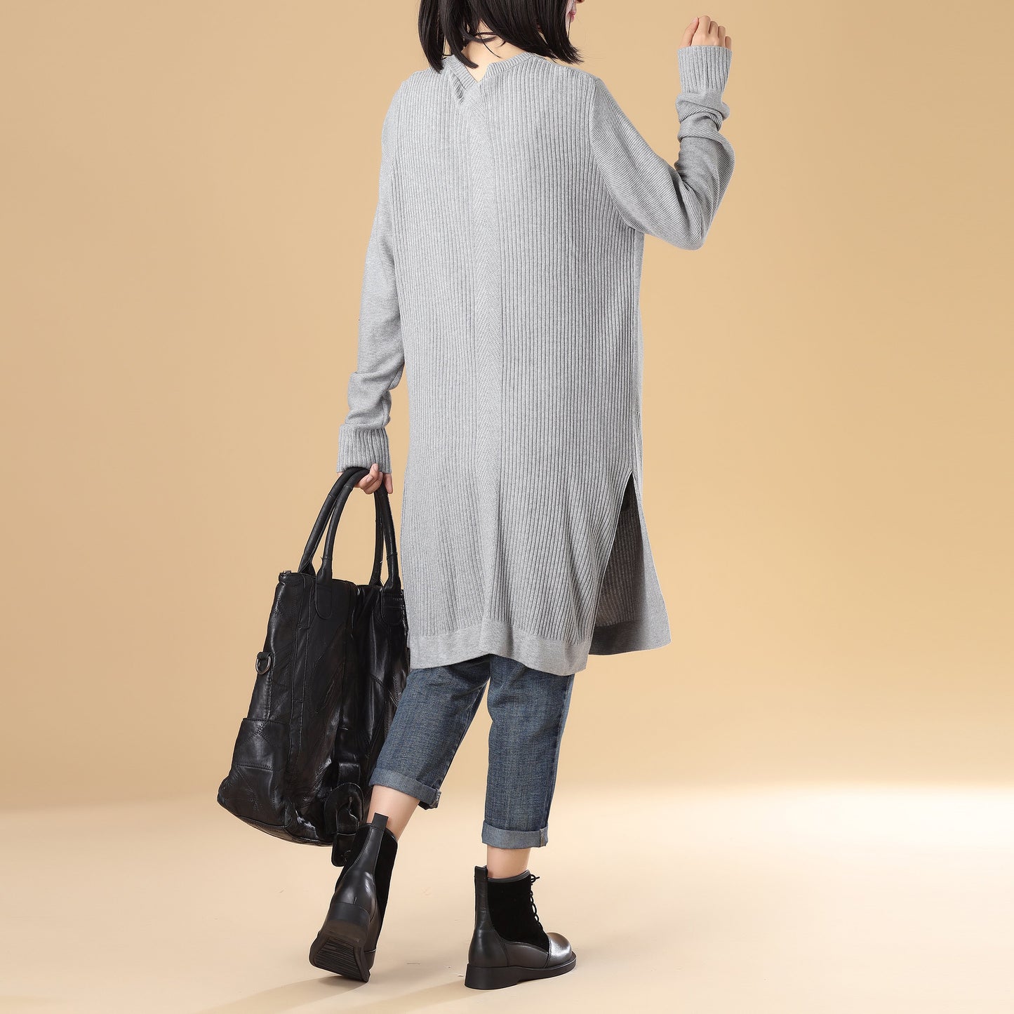 Stylish Women Single Breasted Long Sleeve Slitting Gray Knitted Sweater