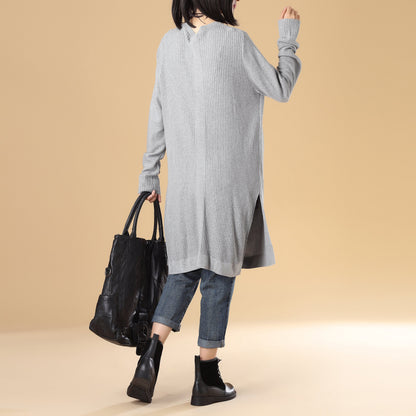 Stylish Women Single Breasted Long Sleeve Slitting Gray Knitted Sweater