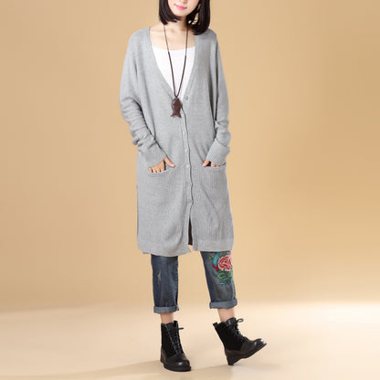 Stylish Women Single Breasted Long Sleeve Slitting Gray Knitted Sweater