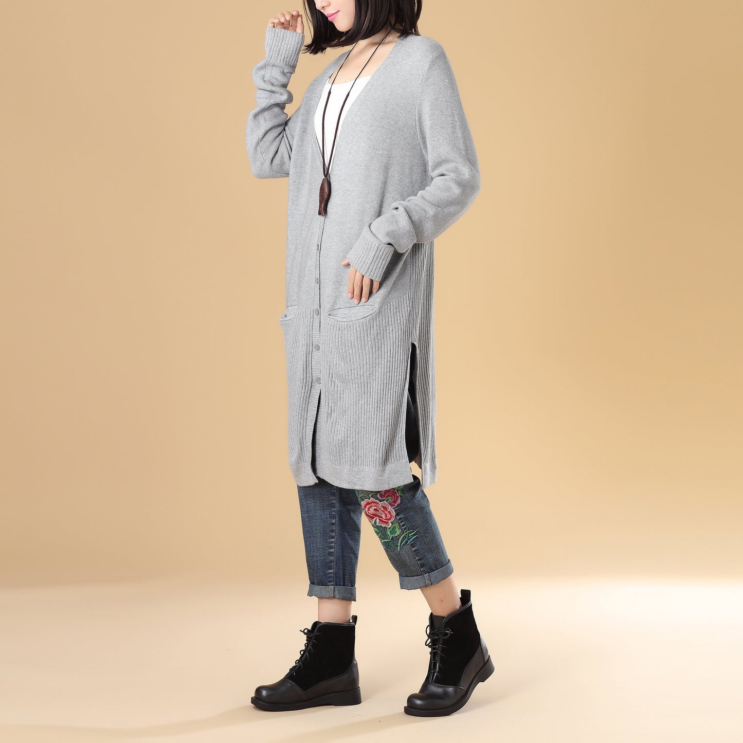Stylish Women Single Breasted Long Sleeve Slitting Gray Knitted Sweater