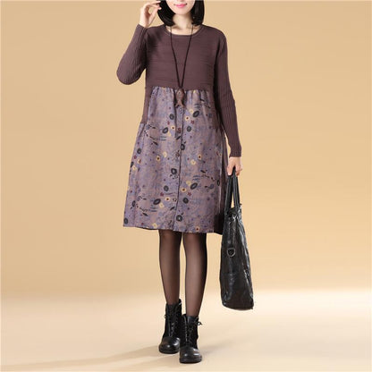 Women Autumn Patchwork Printing Purple Knitted Sweater Dress