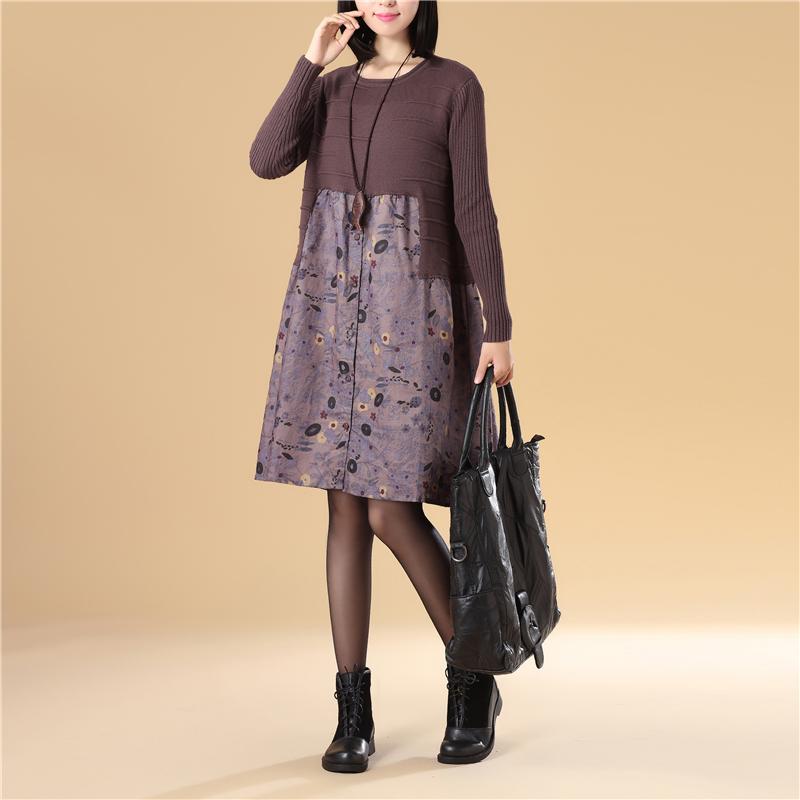 Women Autumn Patchwork Printing Purple Knitted Sweater Dress
