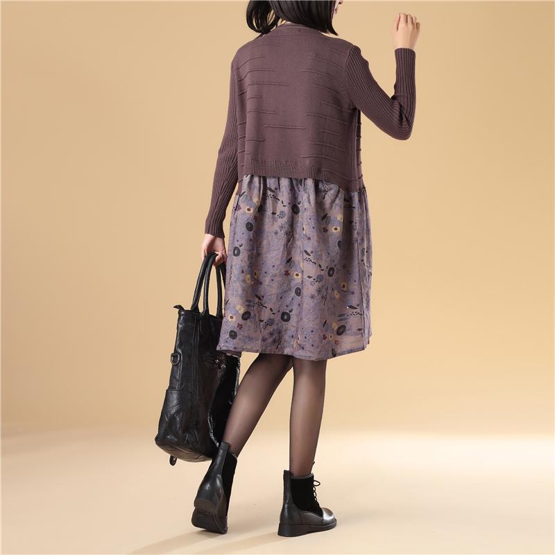 Women Autumn Patchwork Printing Purple Knitted Sweater Dress